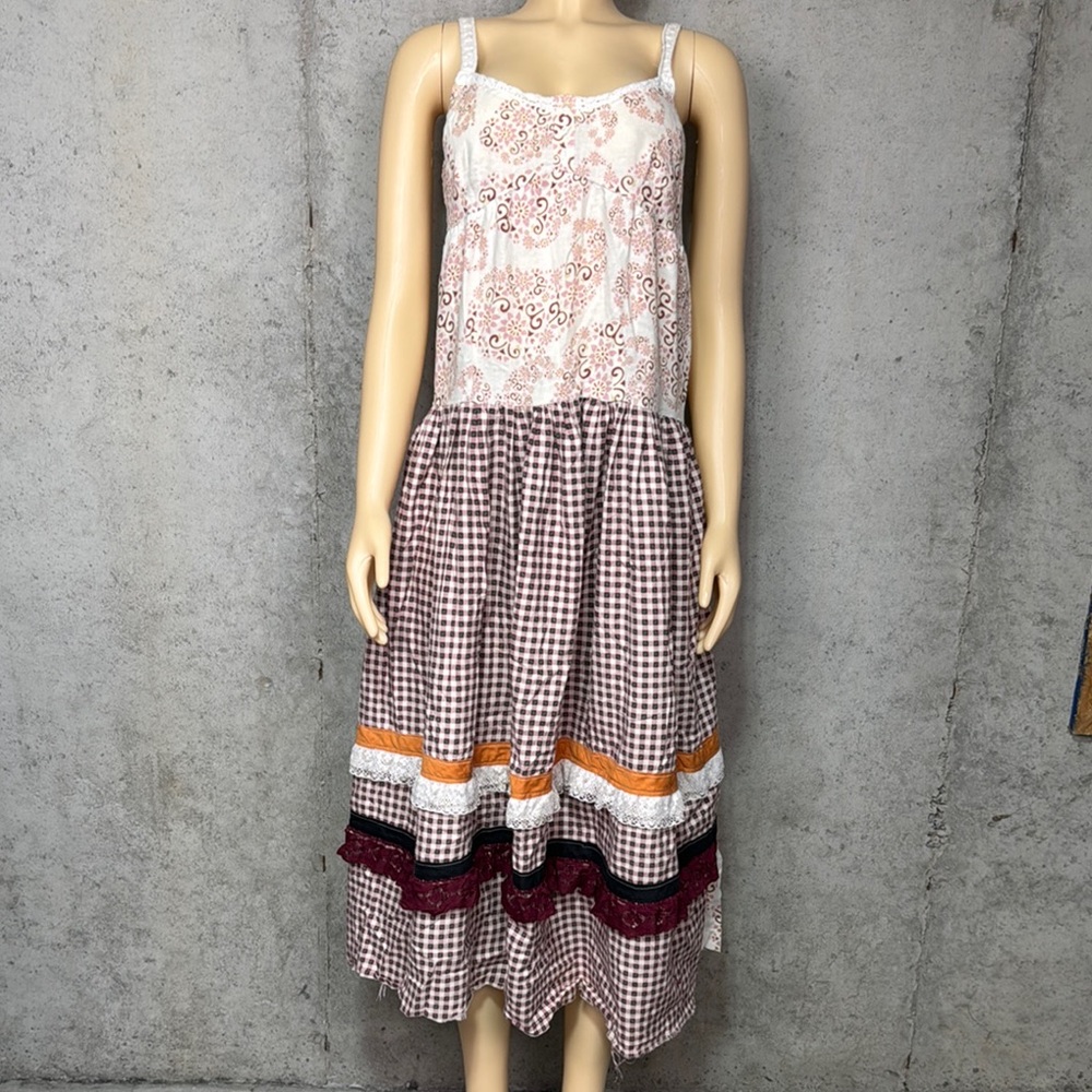 BASS Bohemian Lace and Gingham vintage Maxi Dress rare sz M